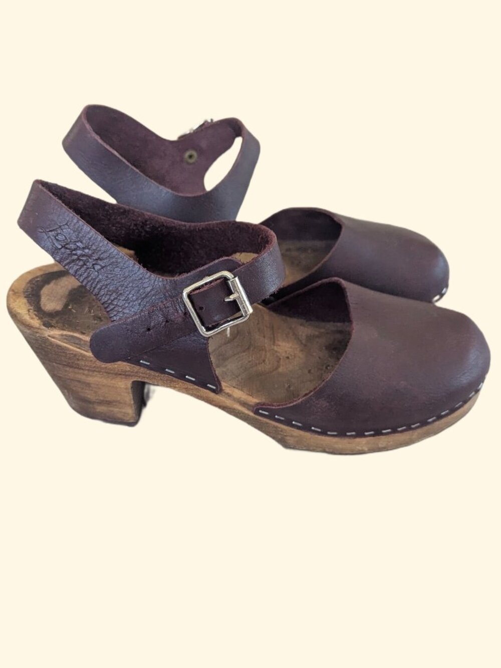 Lotta from Stockholm Brown leather and wooden Swedish Sandals - Size 38